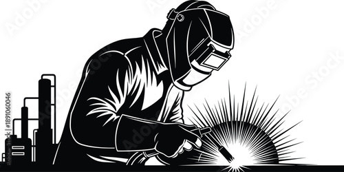 Detailed Black Silhouette of a Professional Welder Working with Torch and Protective Helmet in Industrial Fabrication Workshop for Metal Manufacturing and Engineering Services