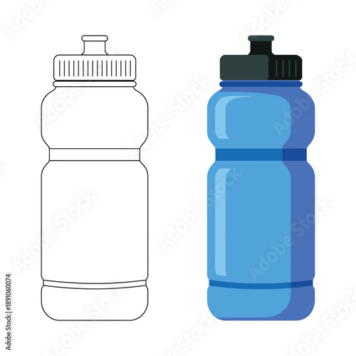 Two sport water bottles one colored and one outlined on white background icon