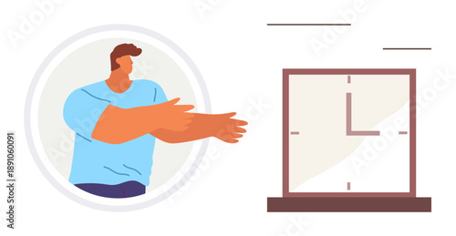 Time management, productivity, scheduling, workplace efficiency, deadlines, project planning. A person gesturing towards a clock. Time management and productivity concept