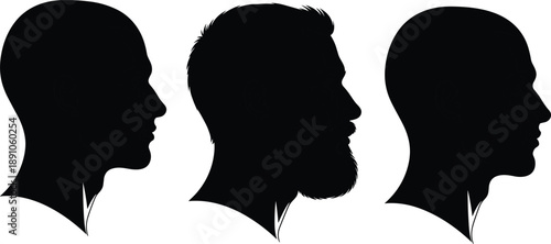 Three black profile silhouettes of male and clean-shaven heads in side view, minimalist portrait set for identity, hairstyle and facial profile studies
