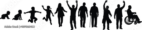 Silhouette sequence illustrating human life stages from infancy to old age including mobility aids, growth and aging progression for education and healthcare
