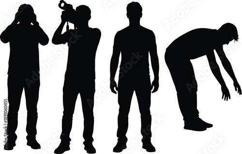 Minimal black silhouette sequence of four human poses on white background showing standing, covering ears, photographing, neutral stance and forward bend design