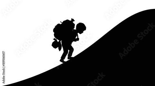 Silhouette of a child carrying a large heavy sack or bundle walking uphill representing homelessness refugees scavenging poverty and child labour burden concept vector illustration