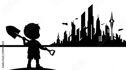 Silhouette of a poor child worker holding a shovel looking at a modern city skyline illustrating the gap between poverty and wealth inequality and child labour concept vector illustration