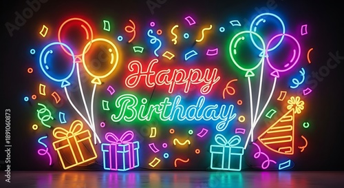 Playful neon birthday illustration rendered as a realistic photo, bright rainbow neon lights, balloons and party symbols
