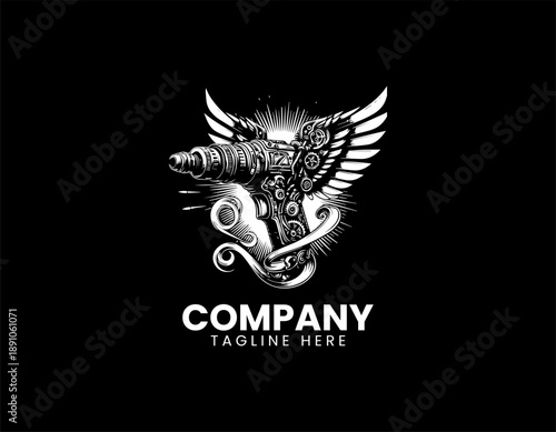 Black vector line art illustration of a detailed steampunk style drill machine with wings and smoke elements