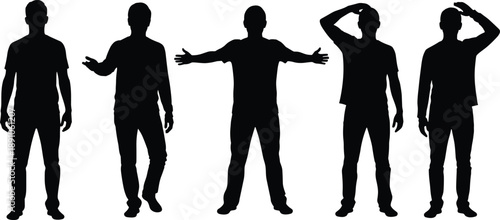  sequential silhouette poses of a standing figure showing varied gestures and body language, minimalist black and white human posture study
