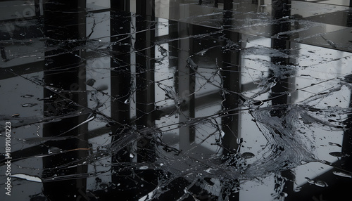 Shattered glass on modern office floor with reflections