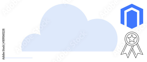 Cloud computing, cybersecurity, data protection, information storage, online services, certification. Image features a cloud, a badge and a hexagonal structure. Cloud computing and cybersecurity