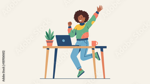 Happy woman celebrating success with laptop in modern workspace