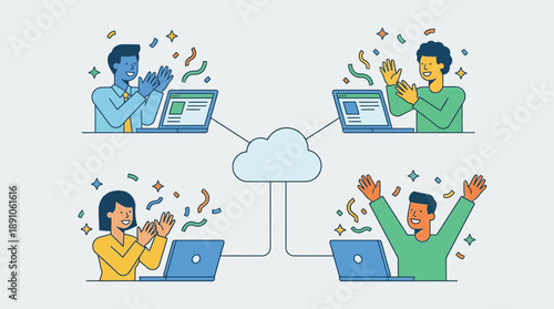 Team celebrating success with laptops and cloud connection