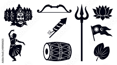 Navratri and Dussehra festival vector silhouette collection featuring Ravana face, trishul, lotus, indian dancer, dhol, and flag symbols in intricate black and white style