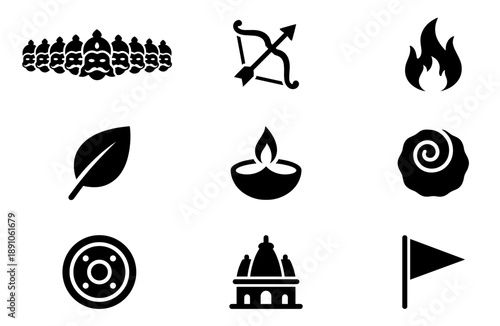 Solid black silhouette Dussehra vector icon set featuring Ravana, bow, fire flame, diya oil lamp, apta leaf, temple, shield, and flag symbols for Vijayadashami festival