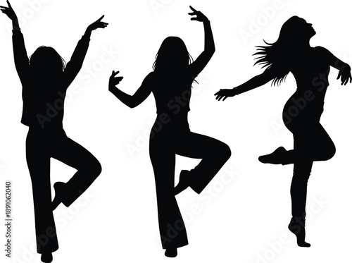 black silhouette dancers captured in dynamic expressive poses against white background, contemporary dance movement illustration for choreography and performance design