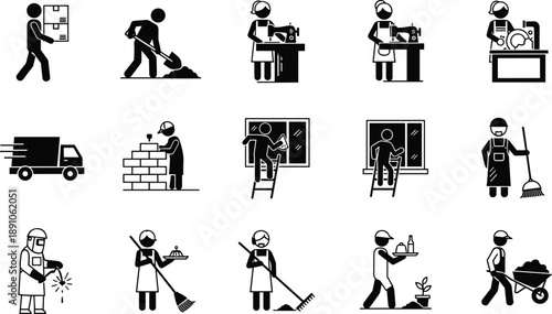 Set of Professional Worker Silhouettes Including Construction Laborer Delivery Man Tailor Cleaner Chef and Welder Icons for Job Industry Career and Vocational Services Design