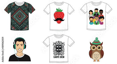 Various creative t-shirt designs showcase different graphics including an owl in a hat and a red strawberry with a stylish black mustache.