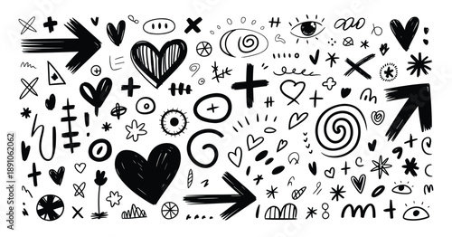 Black and White Hand Drawn Doodle Elements Hearts Arrows Stars Eyes Crosses and Swirls sketch illustration