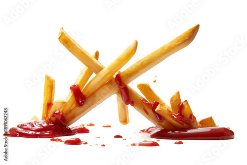 Cartoon French fries dueling with ketchup sauce isolated on transparent background