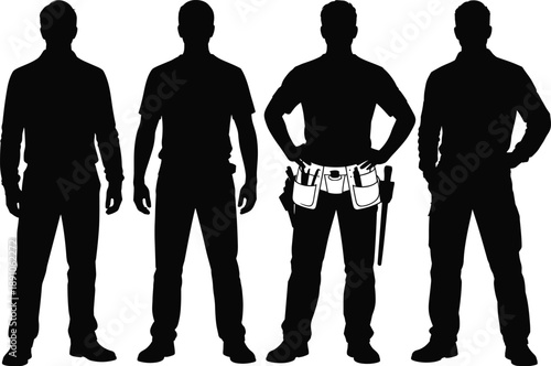 Construction worker silhouette collection featuring builder handyman with tool belt standing poses for labor industry vector illustration set