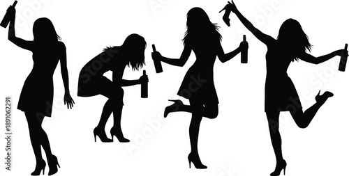 women in dresses celebrating with bottles and high heels, energetic party silhouettes for nightlife, celebration, and social gathering design assets
