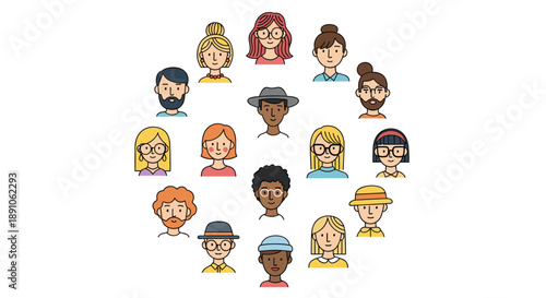 Diverse set of human avatars displays people with different hairstyles and accessories arranged in a circular formation to represent community.