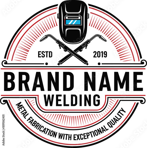 Vintage Welding Logo Design with Protective Helmet and Crossed Torches for Metal Fabrication Workshop Industrial Brand Identity Exceptional Quality Maintenance Services and Welding Business