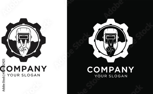 Welder Service Logo Design with Protective Helmet and Hand Peace Sign Inside Gear for Industrial Workshop Brand Identity Maintenance Services and Metal Fabrication Business