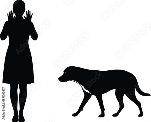 Silhouette of woman raising hands as dog approaches, minimalist black and white scene capturing human animal interaction, anticipation and body language