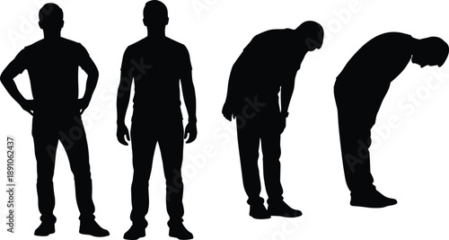black silhouette figures showing progressive standing and leaning postures, body language study for design, posture reference, and human movement illustration