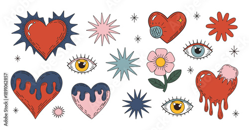 Retro Groovy Style Hearts Eyes Flowers Stars and Abstract Shapes Collection vector illustration