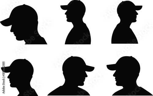 Six black silhouette profile variations of a person wearing a baseball cap arranged in two rows, minimalist portrait set for design