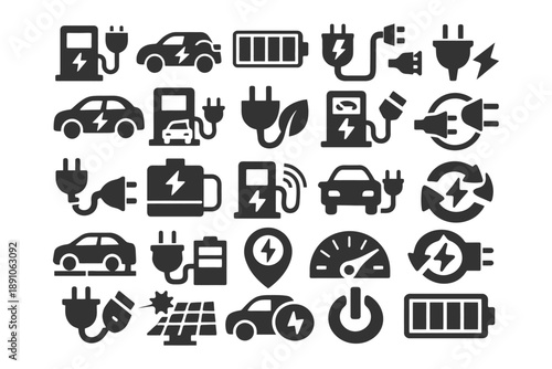 Electric vehicles and charging icons set featuring plug, battery, and eco symbols.