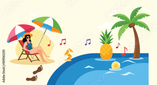 Relaxing summer scene features a woman lounging by a swimming pool with music notes and a giant pineapple prop in a vibrant tropical resort.