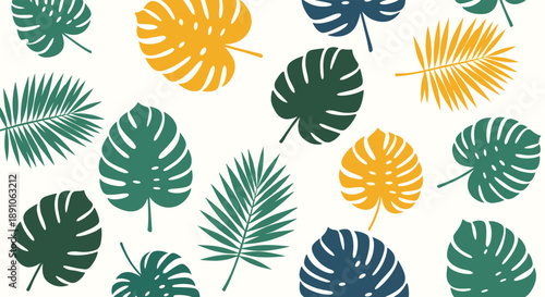 Tropical leaf pattern showcases lush monstera and palm fronds in green and yellow hues for a vibrant summer feel on a clean white background.