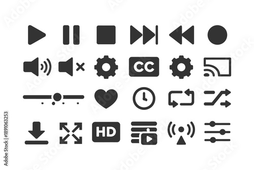 Media player icons set: play, pause, volume, settings, download.