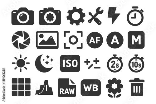Camera settings and photography icons: essential tools for photographers.