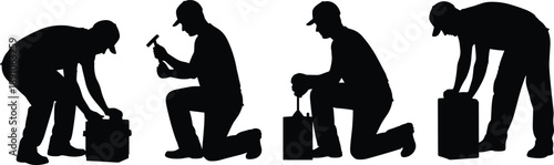 black worker silhouettes performing manual labor with tools and toolboxes in varied kneeling and bending poses, construction maintenance and repair concept