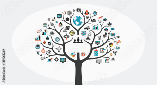 Infographic tree illustration uses various business and technology icons to represent growth and connection in a modern interconnected network.