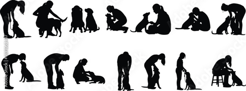 black silhouettes of people interacting with dogs in varied poses showing bonding, training, walking, petting, companionship for pet care and lifestyle