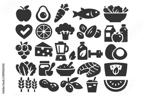 Healthy food icons set: fruits, vegetables, proteins, and grains silhouettes.