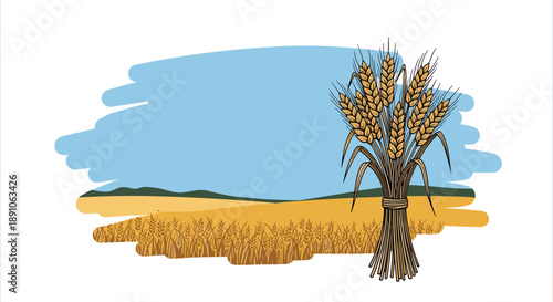 Detailed illustration of golden wheat stalks in a vast field represents agriculture and the harvest season under a clear blue summer sky.
