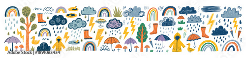Whimsical Rainy Day Elements on White Background illustration