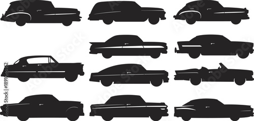 Vintage classic car silhouettes collection showing retro automobile side views for transportation design vector illustration set bundle
