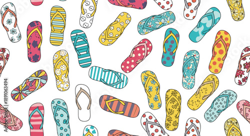 Seamless pattern of vibrant flip-flops with various prints captures the essence of summer fun and beach vacation style on a white background.