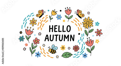 Decorative autumn wreath features seasonal flowers and butterflies surrounding a warm greeting for the fall season in a charming floral frame.