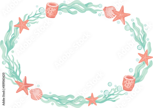 Hand Drawn Ocean Wreath Vector Illustration with Seaweed, Starfish, Shells, and Coral Elements Forming a Decorative Marine Frame for Summer and Coastal Designs