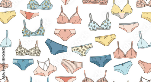 Seamless pattern of women lingerie includes various styles of bras and panties with different colors and beautiful floral prints on white.