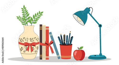 Still life composition features a ceramic vase with green leaves, stacked books, a pencil cup, a red apple, and a blue desk lamp.