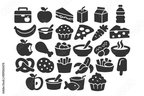 Assorted food and beverage silhouettes: snacks, fruits, drinks, desserts, and more.