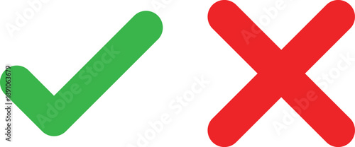 Right and wrong vector icon set rounded color black outline, flat rounded check mark, cross, x mark, circle shape thin line tick mark symbol. Approval and rejection signs isolated on white background